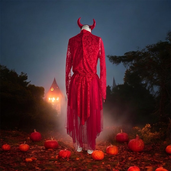 Halloween Spirit Costume Red Devious Devil Dress Horns NWT - Picture 4 of 7